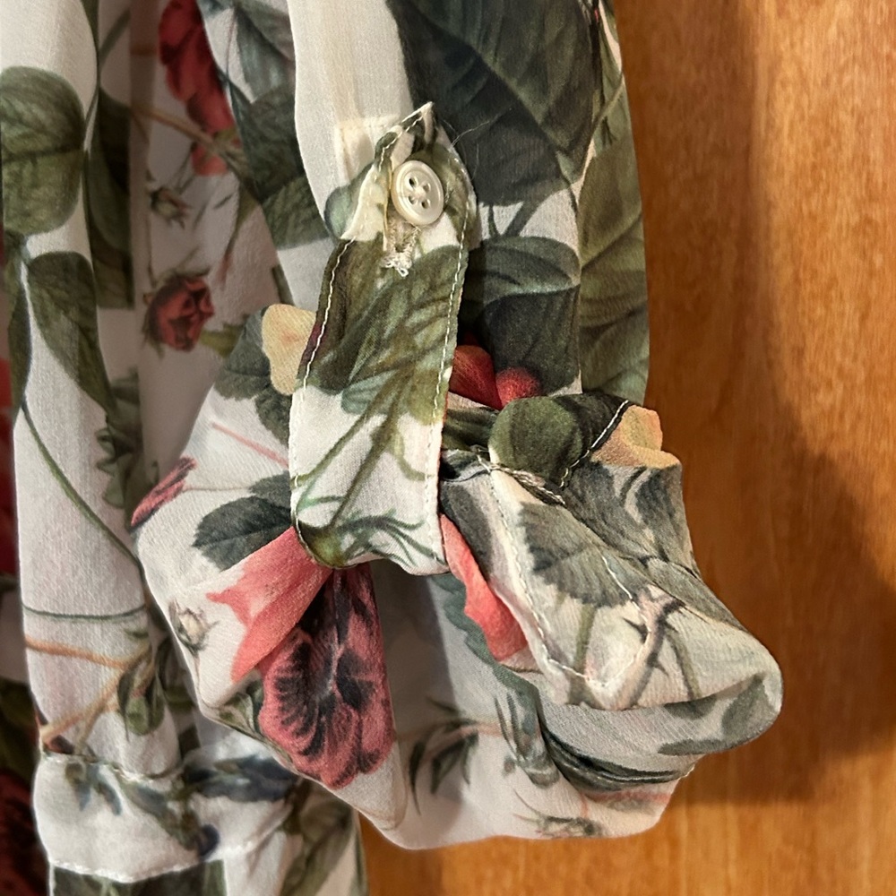 Haute Hippie Sheer Silk Floral Tunic, Rollup Sleeves Open Front Drawstring Waist - Picture 8 of 16